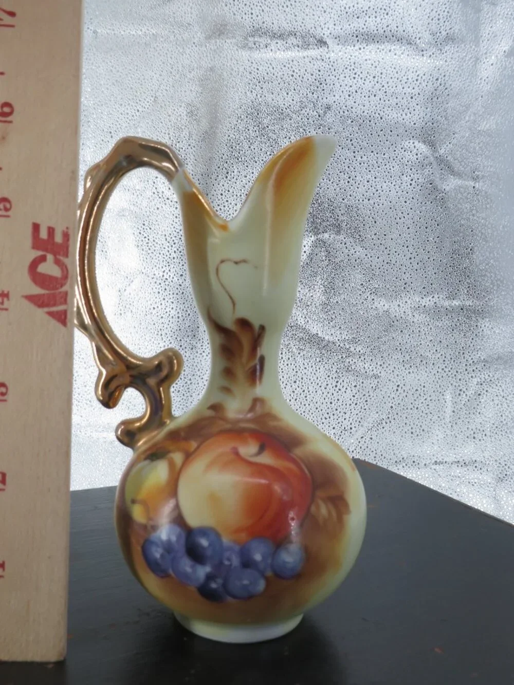 Vintage Hand Painted Porcelain Pitcher Vase Fruit Gold Handle Yellow Small 6 In